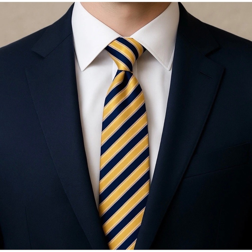 Nautica Silk Necktie Navy Blue Yellow Repp Striped Classic Tie Preppy Collegiate